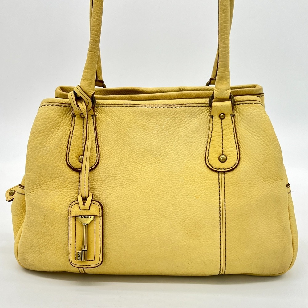 Fossil Key Yellow Pebble Leather Satchel Medium Tote Shoulder Handbag Charm RARE - Picture 2 of 15